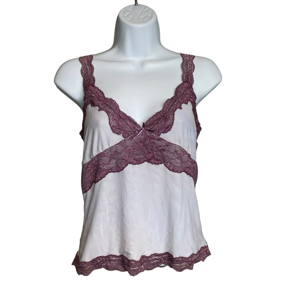 Y2K Women's White Burgundy Lace Trim Camisole Top Size L Britney Vibes‎ GND Vamp